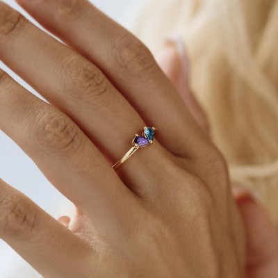 Bague Personnalisée avec Pierre de Naissance en Forme de Cœur Bague Personnalisée à Deux Pierres