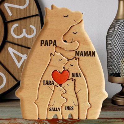 Puzzle familial ours en bois personnalisé avec noms d'enfants, cadeau de fête des mères
