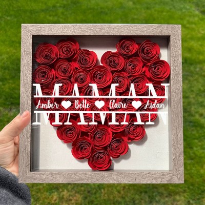 Boîte d'ombre à fleurs en papier personnalisée en forme de cœur, avec noms d'enfants, cadeau pour maman et grand-mère