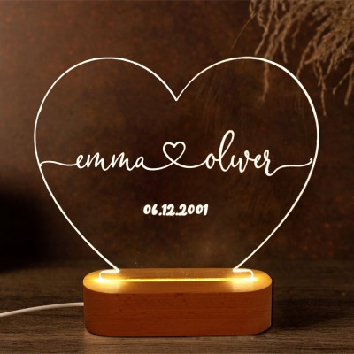Veilleuse Personnalisée en Forme de Cœur avec Nom et Date pour les Couples Cadeaux d'Anniversaire pour Elle Idées Cadeaux pour la Saint-Valentin