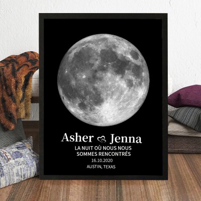Panneau photo en bois personnalisé avec phases de lune, cadeau unique pour couple, cadeau d'anniversaire pour elle
