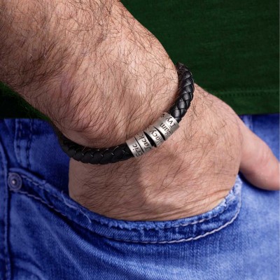 Bracelet en cuir et perles personnalisé pour homme avec les noms des enfants Cadeau unique pour lui
