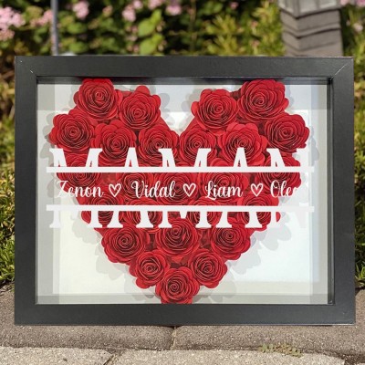 Cadeaux personnalisés de boîte d'ombre de fleur de monogramme en forme de coeur pour maman grand-mère