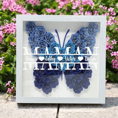 Boîte d'ombre à fleurs monogramme de maman papillon personnalisée avec noms d'enfants, cadeau pour maman grand-mère