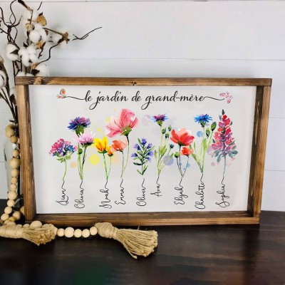 Panneau de jardin de grand-mère en bois gravé avec fleur de naissance et nom des petits-enfants, cadeau de Noël personnalisé