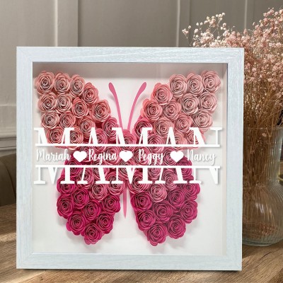 Boîte d'ombre à fleurs monogramme de maman papillon personnalisée avec noms d'enfants, cadeau pour maman grand-mère