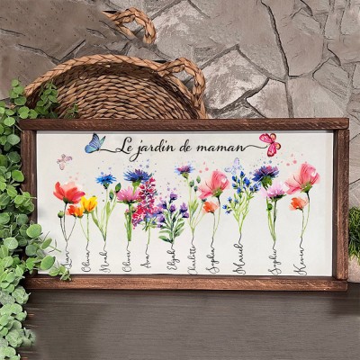 Cadre en bois personnalisé avec fleurs de naissance du jardin de maman avec noms d'enfants, cadeaux pour maman et grand-mère