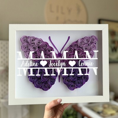 Boîte d'ombre à fleurs monogramme de maman papillon personnalisée avec noms d'enfants, cadeau pour maman grand-mère
