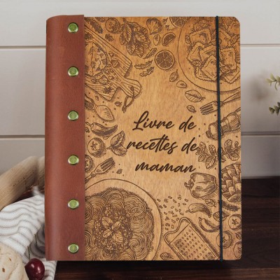 Carnet de recettes personnalisé avec couverture en bois et reliure en cuir pour maman Idées cadeaux de Noël