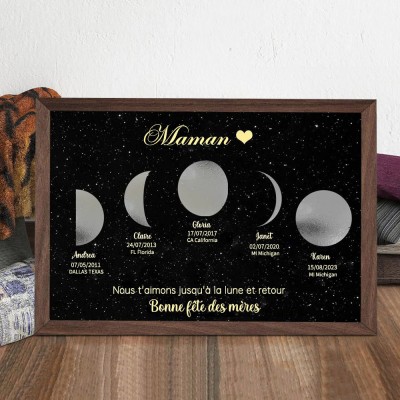 Cadre en bois personnalisé avec impression de phases de lune pour maman, idées cadeaux pour la fête des mères en famille
