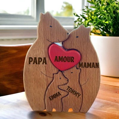 Puzzle familial ours en bois personnalisé avec noms d'enfants, cadeau de fête des mères