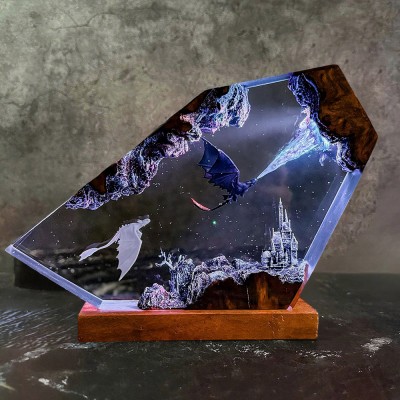 Lampe en bois faite à la main en résine époxy et dragon de glace pour couples, cadeau de Noël, cadeau d'anniversaire pour lui