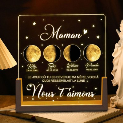 Le jour où tu es devenue ma maman, veilleuse personnalisée avec phases de lune, cadeau pour maman, cadeau de fête des mères