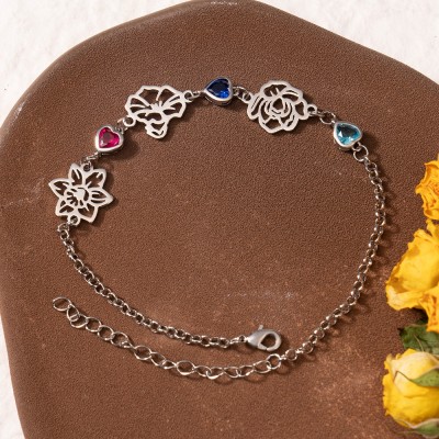Bracelet de Fleur du Mois de Naissance Personnalisé avec Design de Pierre de Naissance pour Femmes Cadeaux d'Anniversaire pour Elle