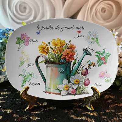 Plateau de fleurs de naissance personnalisé dans le jardin de grand-mère avec noms, cadeau unique pour maman grand-mère