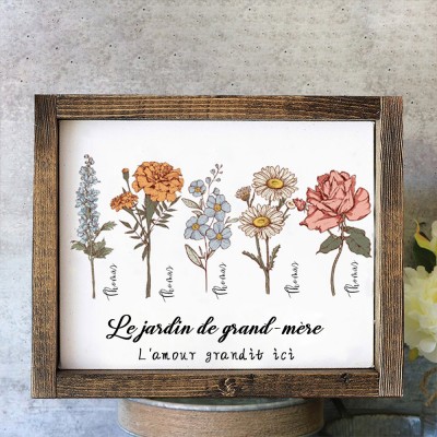 Cadre en bois de fleur de naissance personnalisé avec les noms des enfants Cadeaux pour grand-mère maman Cadeau de Noël