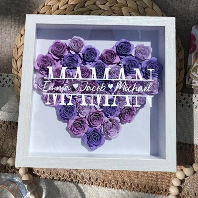 Boîte d'ombre de fleur de coeur de maman personnalisée avec des cadeaux de noms d'enfants pour maman grand-mère
