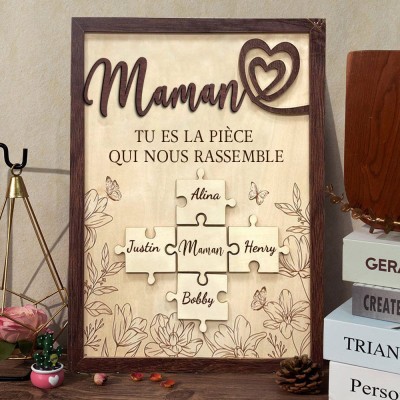 Panneau personnalisé en bois représentant une pièce de puzzle pour maman avec les noms des enfants Idées cadeaux pour la fête des mères