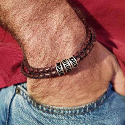 Bracelet en cuir pour homme avec perles gravées marron personnalisées, cadeau souvenir, idées cadeaux pour la fête des pères
