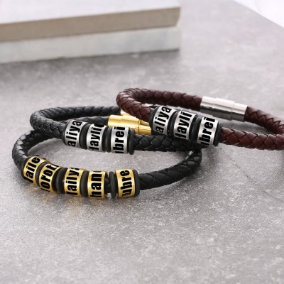 Bracelet en cuir marron personnalisé pour homme avec perles gravées pour nom Idées cadeaux pour la fête des pères