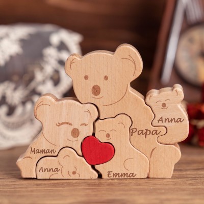 Puzzle en bois personnalisé représentant une famille de koalas, décoration puzzle famille koala, cadeau bébé koala pour la famille, cadeau d'anniversaire pour une épouse, cadeau pour la fête des mères pour une fille