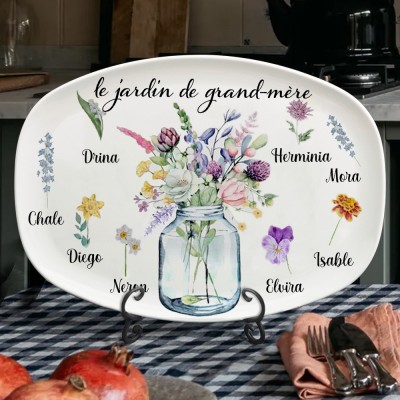 Plateau de fleurs personnalisé du mois de naissance du jardin de grand-mère avec noms de petits-enfants, cadeau pour grand-mère maman
