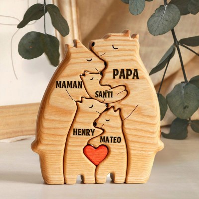 Cadeau souvenir personnalisé de puzzle de nom de famille d'ours en bois pour maman