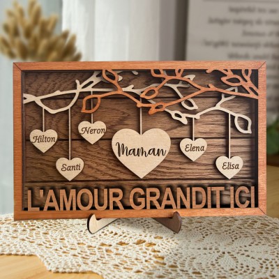 Panneau d'arbre généalogique avec cœurs suspendus, cadeau de fête des grands-mères, cadeau personnalisé pour maman