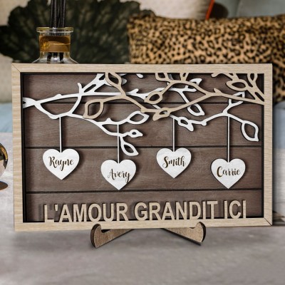 Panneau d'arbre généalogique en bois personnalisé avec noms gravés, cadeau unique pour maman