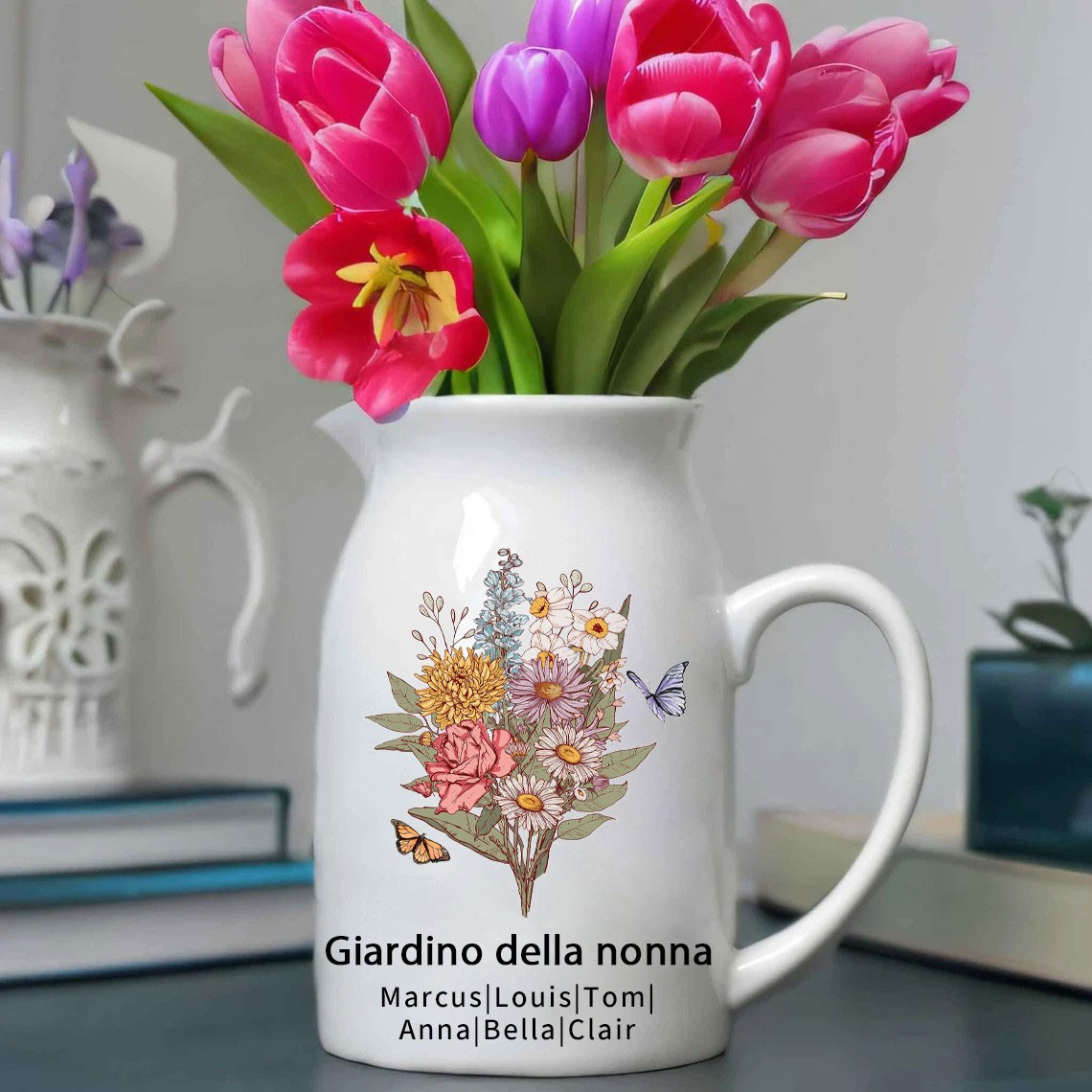 Stampa artistica personalizzata del giardino della nonna, bouquet di fiori di nascita, vaso con i nomi dei nipoti, regalo di compleanno unico per la mamma, regalo ricordo di famiglia della nonna, idee regalo per la festa della mamma