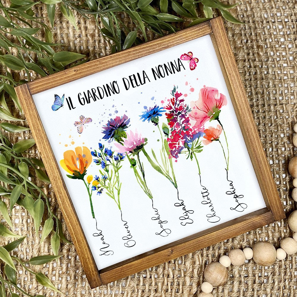 Stampa artistica personalizzata "Il Giardino della Nonna" con fiori di nascita, cornice e nomi dei nipoti. Regali di compleanno affettuosi per la nonna, la mamma. Idee regalo uniche per la festa della mamma.