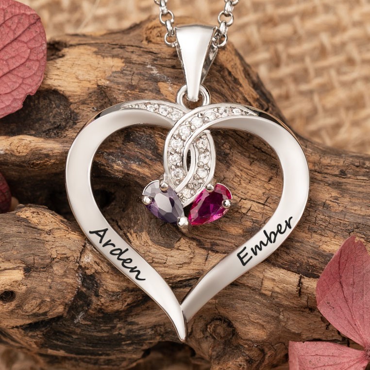 Collana a forma di cuore con 2 nomi personalizzati e pietre portafortuna, regali per l'anniversario dell'anima gemella, regali per lei