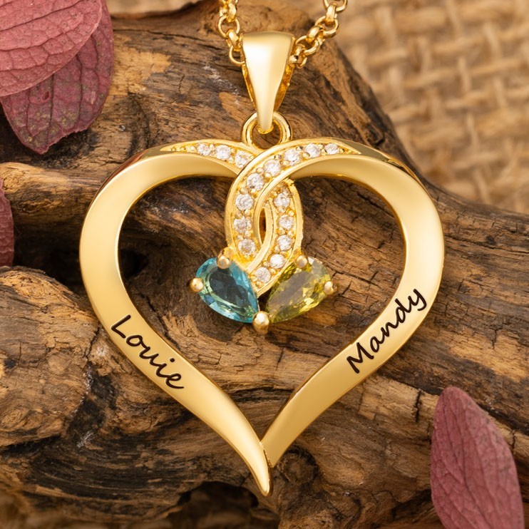Collana personalizzata con 2 nomi a forma di cuore e pietre portafortuna, regali unici per coppie, idee regalo per l'anniversario