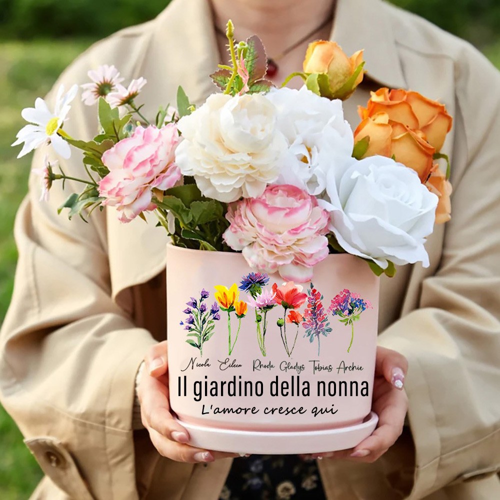 Stampa personalizzata di fiori di nascita ad acquerello, vaso per piante da esterno per giardino della nonna con nomi dei nipoti, regali di compleanno unici per la mamma, nonna, idee regalo per la festa della mamma