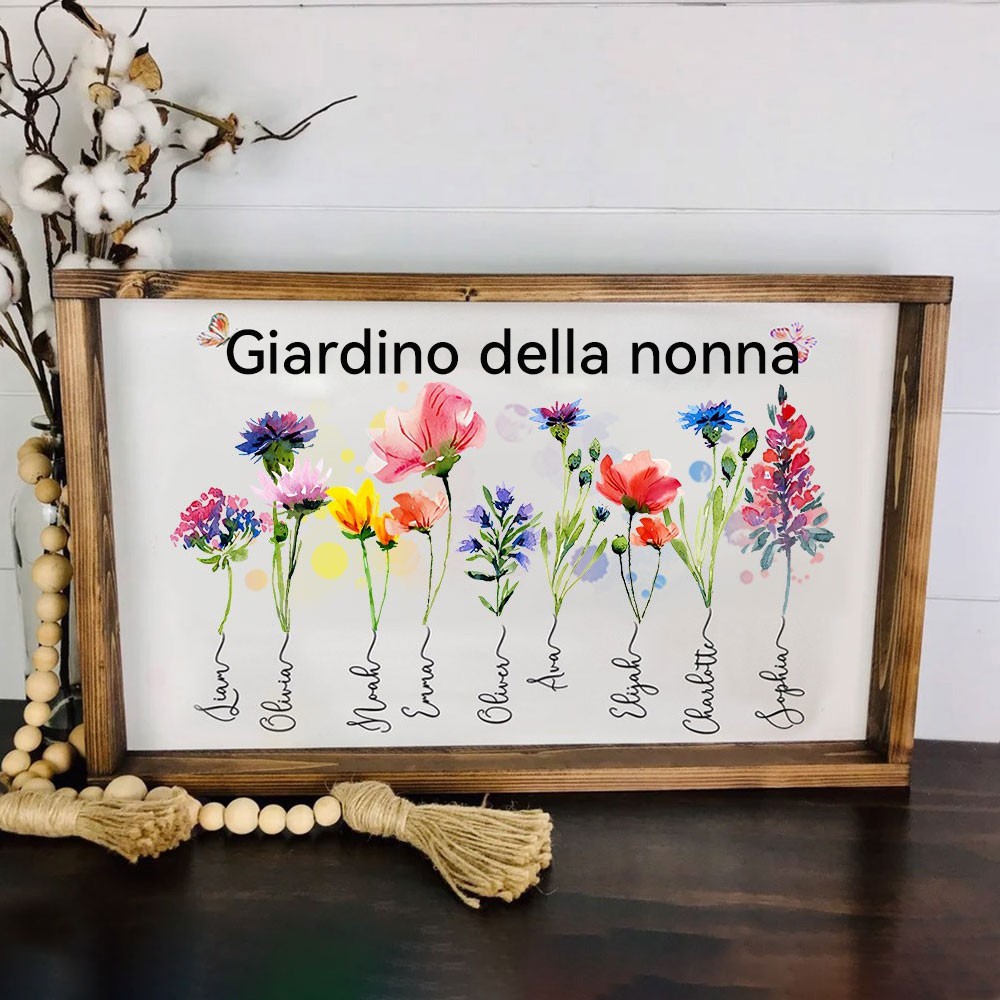 Insegna personalizzata "Giardino della Nonna" con i fiori di nascita dei nipoti, cornice in legno, nomi personalizzati dei nipoti, regalo ricordo per la famiglia, regali per la festa della mamma