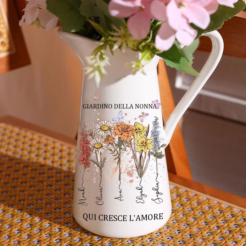 Vaso di fiori personalizzato con acquerello "Giardino della nonna" per il mese di nascita, con i nomi dei nipoti. Mini regalo di famiglia unico per la mamma, la nonna e le idee regalo per la festa della mamma.