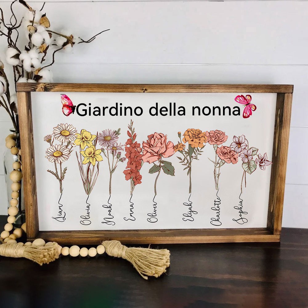 Insegna personalizzata in legno con fiori di nascita del mese, "Giardino della Nonna" con nomi dei nipotini, cornice regalo unica e significativa per la mamma, la nonna, regalo per la festa della mamma.