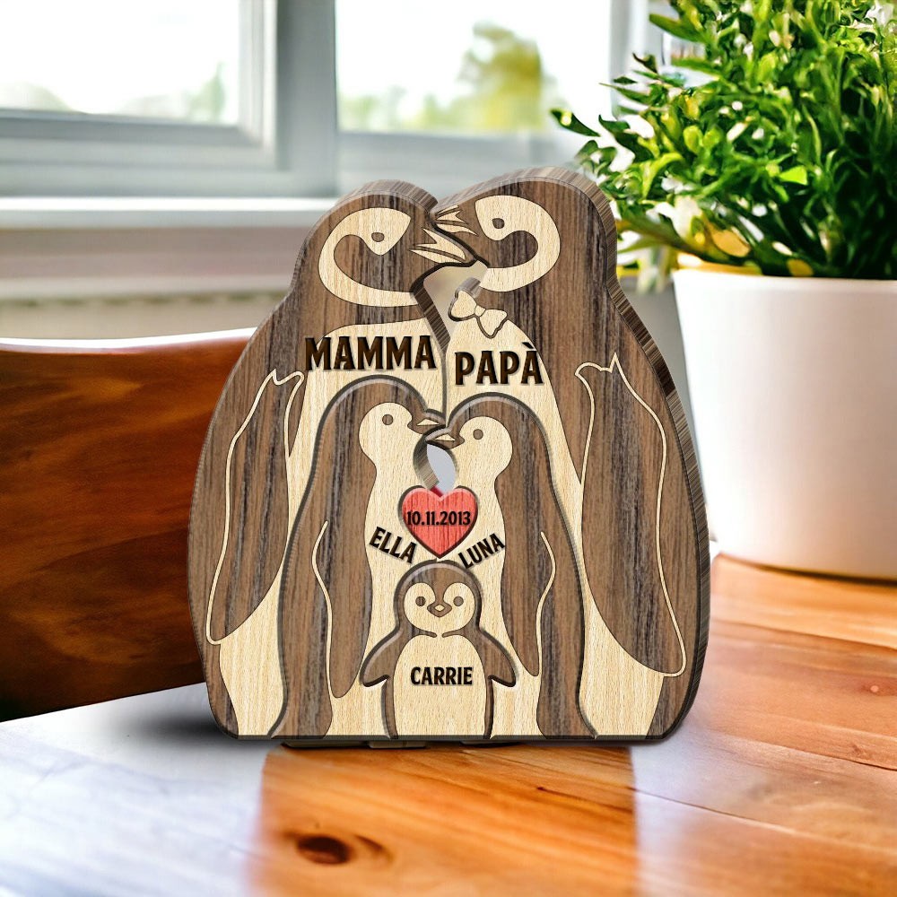 Puzzle in legno personalizzato con famiglia di pinguini e nomi dei bambini, regalo unico per mamma, nonna, idee regalo per la festa della mamma