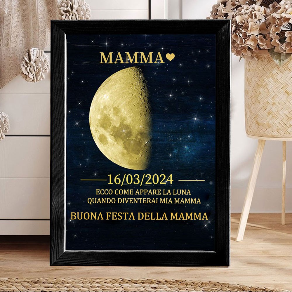 Cartello personalizzato con fasi lunari, mamma, con cornice in legno e data. Regali unici per la mamma. Idee regalo per la festa della mamma