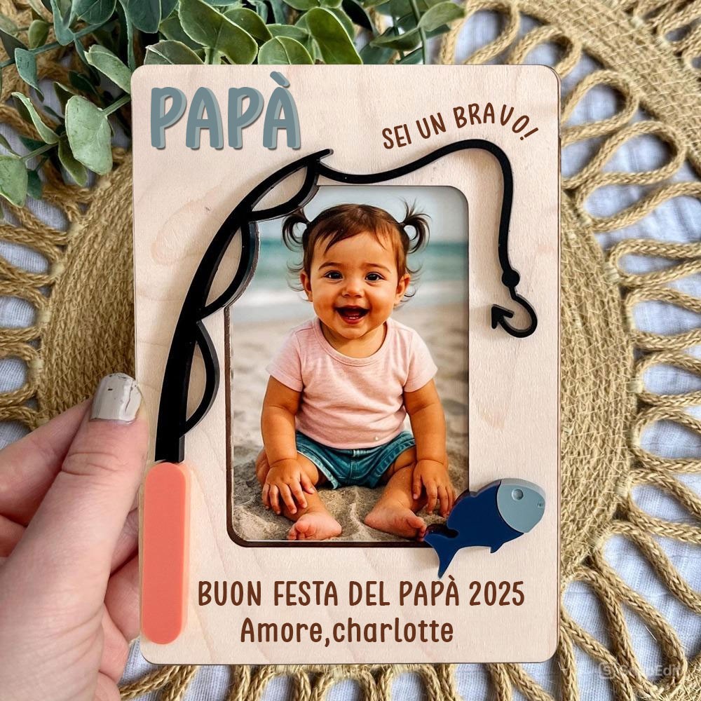 Magnete per frigorifero in legno personalizzato con foto a tema pesca, cornice magnetica personalizzata, regalo unico per papà, nonno, idee regalo per la festa del papà