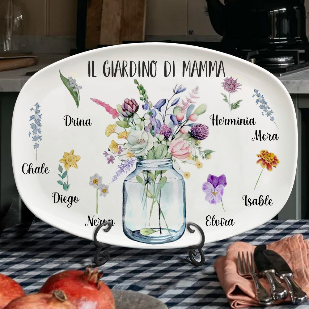 Piatto personalizzato con stampa di fiori del mese di nascita del giardino della mamma con i nomi dei nipoti, regalo d'arte di famiglia, regalo di compleanno unico per la mamma, nonna, idee regalo per la festa della mamma