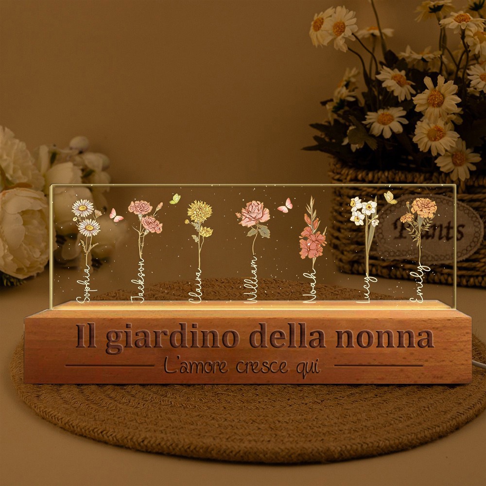L'amore del giardino di Nana personalizzato cresce qui Fiore di nascita Luce notturna in legno Regali ricordo per la mamma Nonna Idee regalo per la festa della mamma