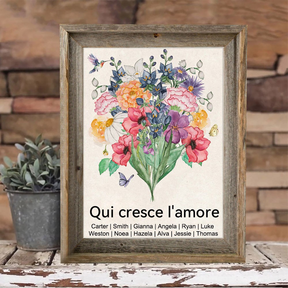 Amore Personalizzato Cresce Qui Bouquet Acquerello Fiore di Nascita Cornice in Legno Regalo per la Famiglia per Mamma Nonna Idee Regalo Festa della Mamma