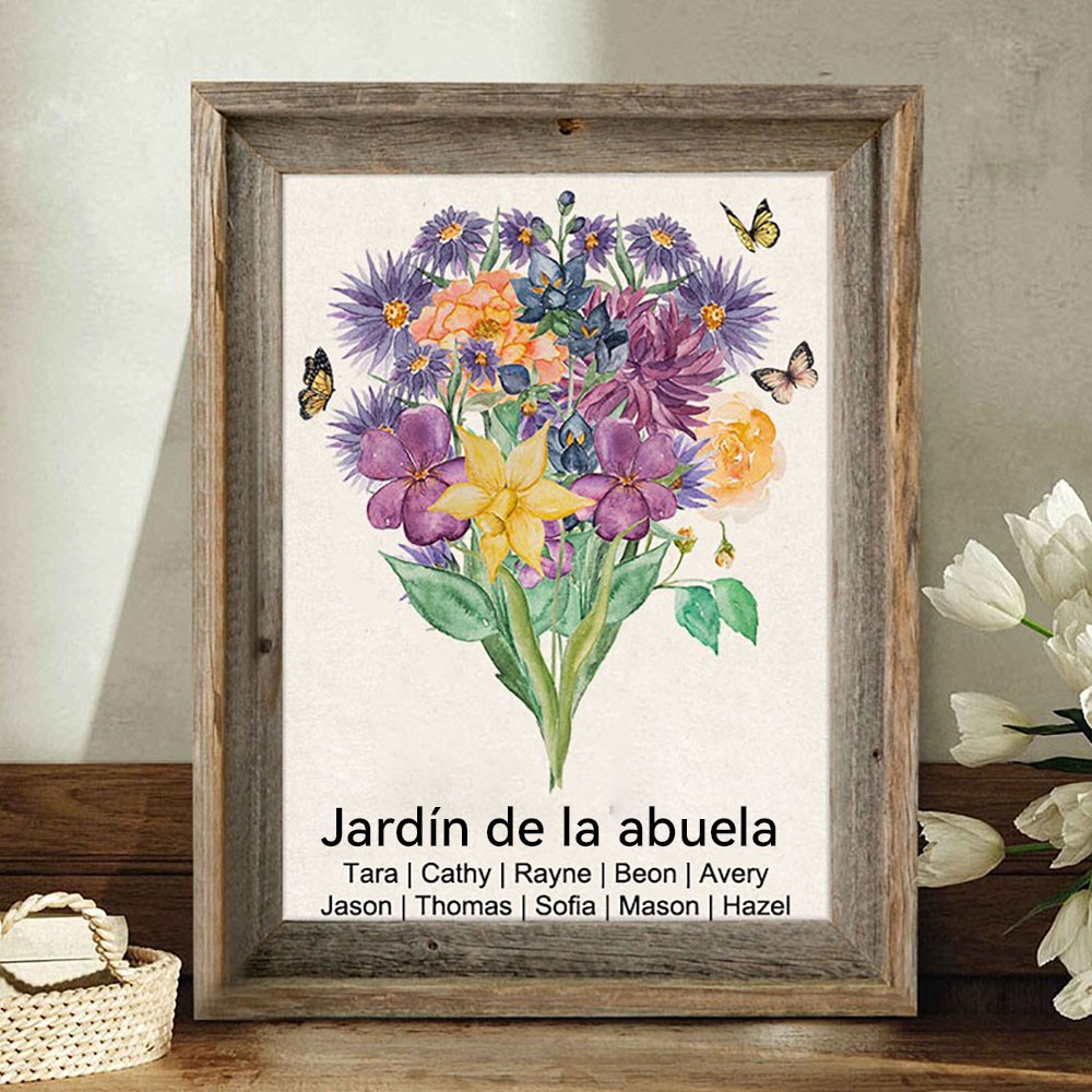 Cornice personalizzata con bouquet di fiori di nascita ad acquerello "Il Giardino della Nonna" – Regalo unico per la famiglia per mamma, nonna – Idee regalo per la festa della mamma.