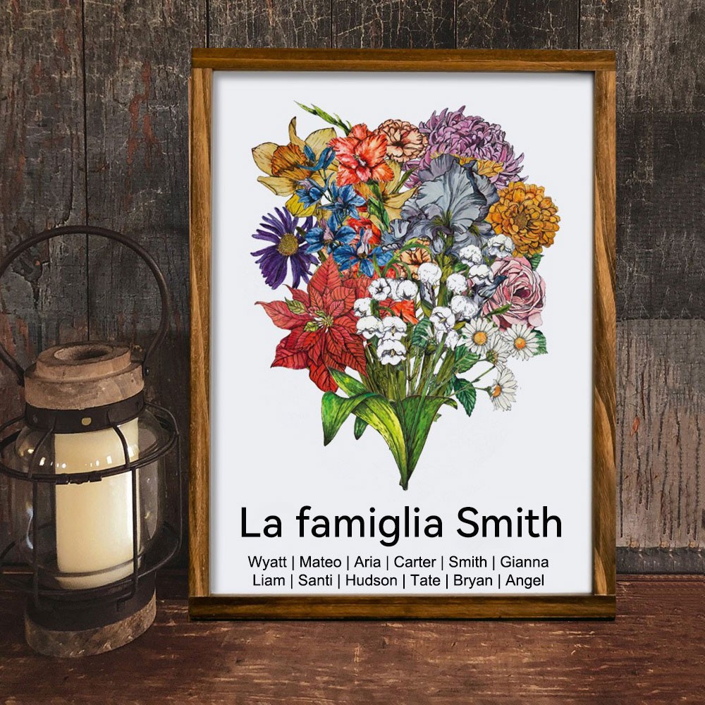 Stampa Artistica Personalizzata per la Famiglia, Cartello con Cornice a Mazzo di Fiori di Nascita con Nomi dei Bambini, Regalo di Compleanno Unico per Mamma, Nonna, Idee Regalo per la Festa della Mamma