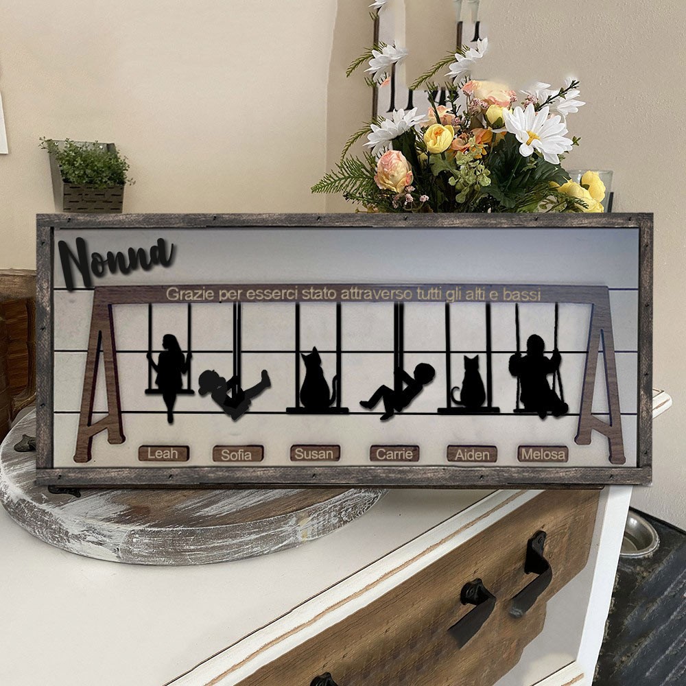 Set di altalene in legno personalizzato per la mamma, cartello con cornice e nomi dei bambini, regalo ricordo della famiglia. Regalo unico per la festa della mamma per la neo mamma