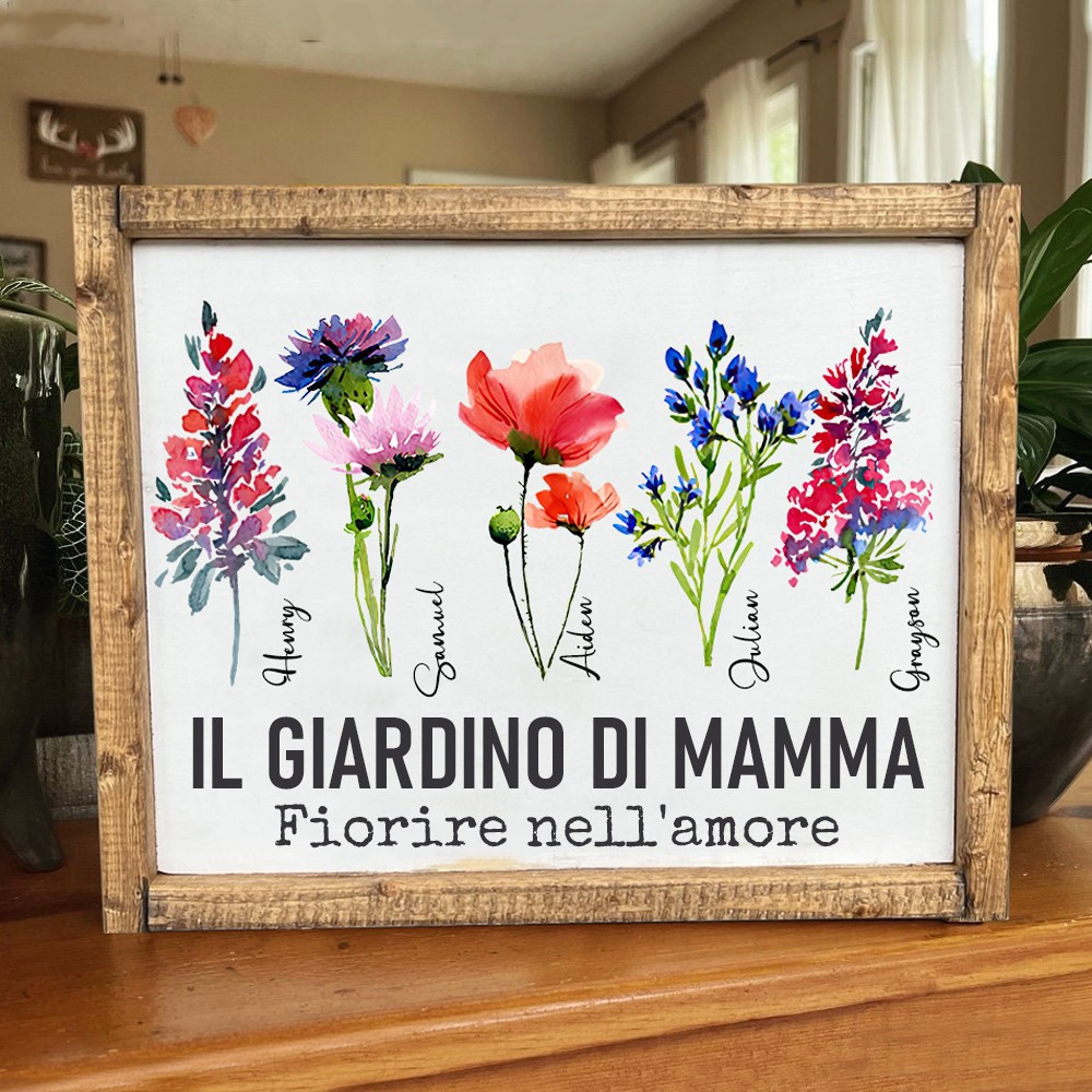 Stampa Artistica Personalizzata 'Il Giardino della Mamma' con Fiori di Nascita - Cornice in Legno per la Famiglia con Nomi dei Bambini - Regalo Unico per Mamma e Nonna - Regali per la Festa della Mamma