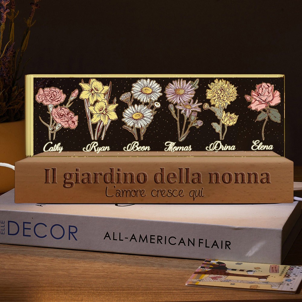 Luce notturna personalizzata per la nascita del giardino della nonna, fiori, legno, regali unici per la mamma, nonna, idee regalo per la festa della mamma