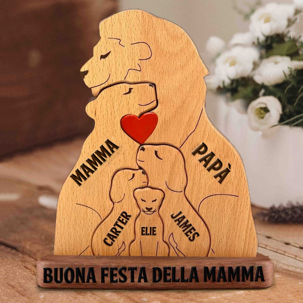Puzzle di famiglia di leoni in legno personalizzati con nomi di bambini incisi, regalo unico per neomamme, regalo di compleanno per la mamma, nonna, idee regalo per la festa della mamma