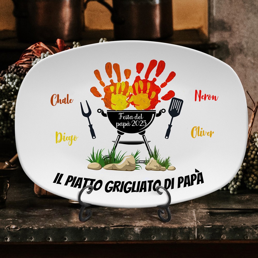 Piatto da barbecue personalizzato con impronte di mani e nomi dei bambini, regalo per la festa del papà